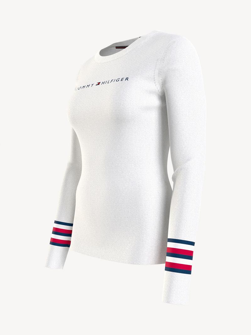 Női Tommy Hilfiger Signature Stripe Logo Pulóverek Fehér | HU 366AHK